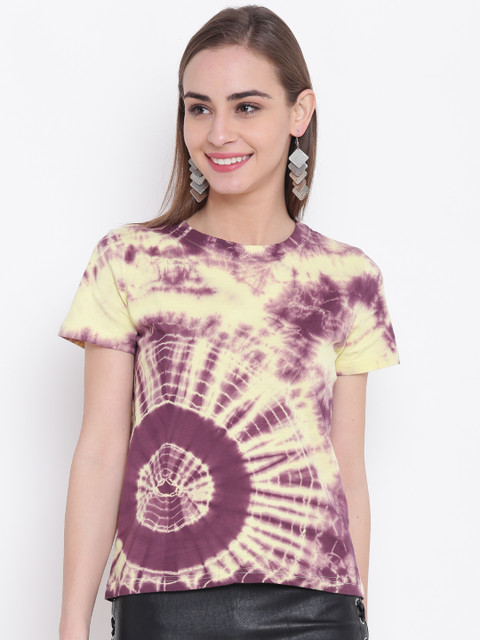 

FOREVER 21 Women Lime Green & Burgundy Dyed Round Neck T-shirt