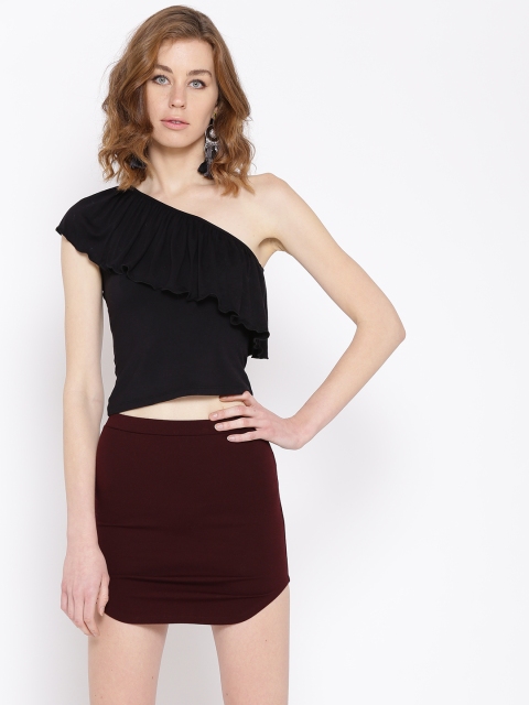 

FOREVER 21 Women Black Solid One-Shoulder Fitted Crop Top