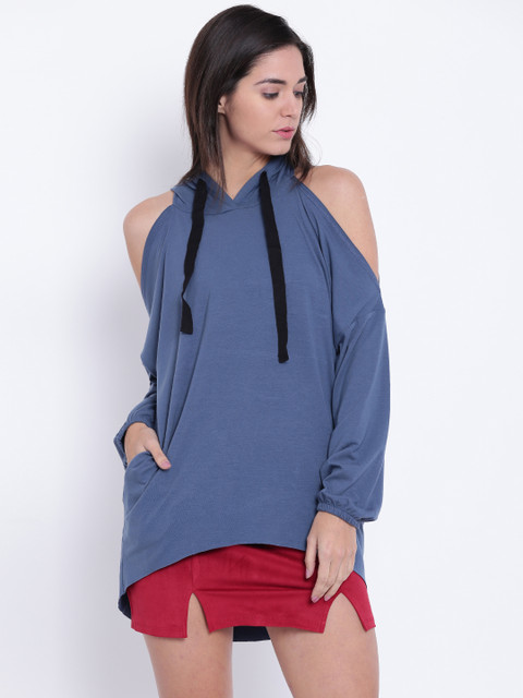 

FOREVER 21 Women Blue Solid Cold Shoulder Hooded Sweatshirt