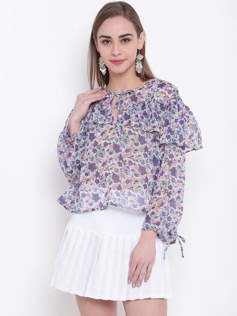 

FOREVER 21 Women Off-White & Blue Printed A-Line Top