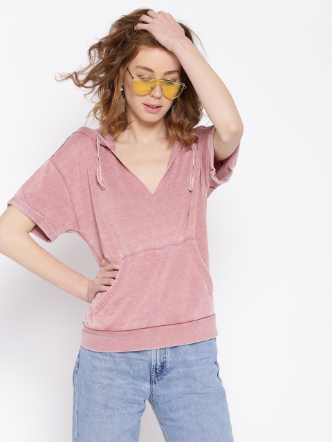 

FOREVER 21 Women Pink Solid Hooded Sweatshirt