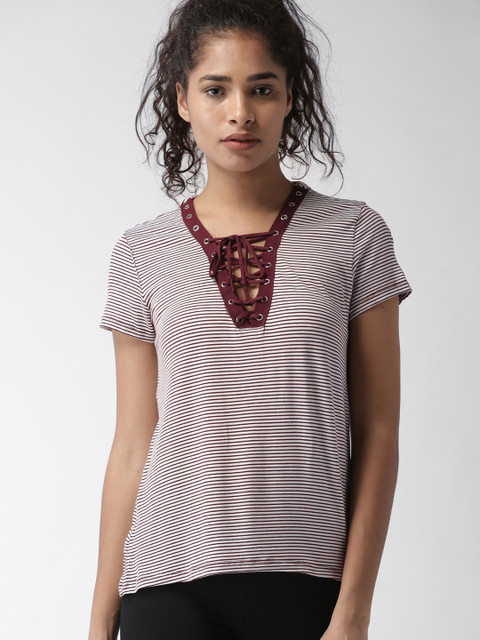 

FOREVER 21 Women Burgundy & White Striped Top