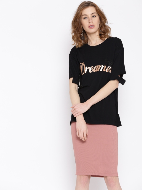 

FOREVER 21 Women Black Round Neck T-shirt with Printed Detail