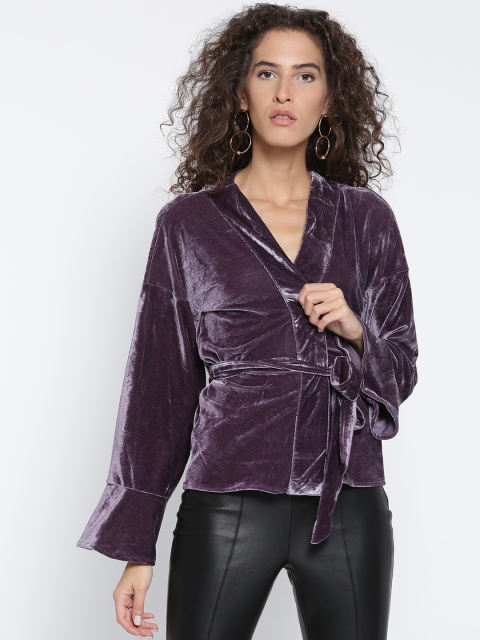 

FOREVER 21 Women Purple Velvet Finish Solid Wrap Top