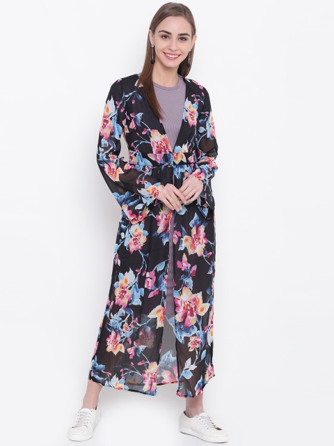 

FOREVER 21 Black & Pink Printed Button Longline Shrug