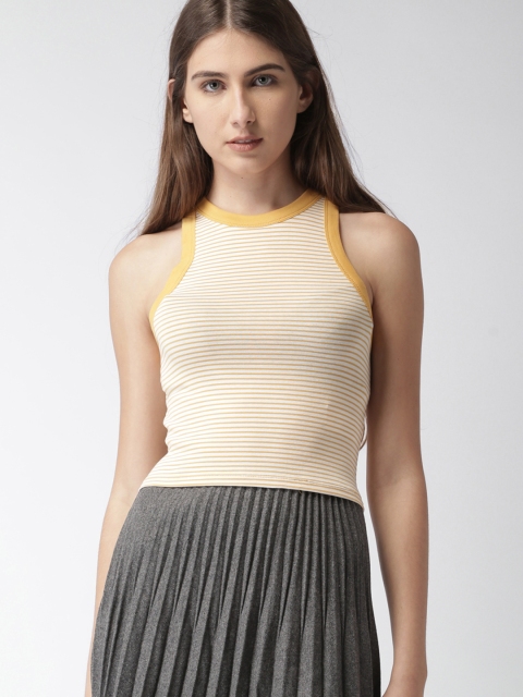 

FOREVER 21 Women White & Mustard Yellow Striped Tank Top