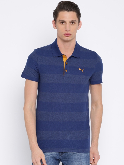 

Puma Men Navy Striped Thick Stripe Heather Polo Collar T-shirt, Navy blue