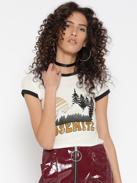 

FOREVER 21 Women White Printed Round Neck T-shirt
