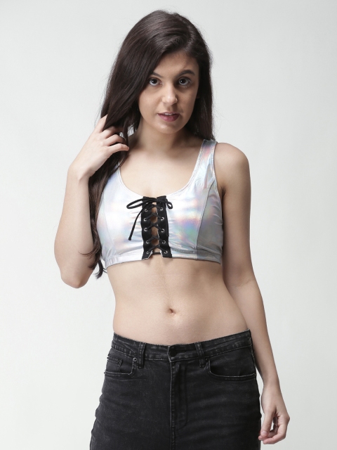 

FOREVER 21 Women Silver-Toned Solid Crop Top