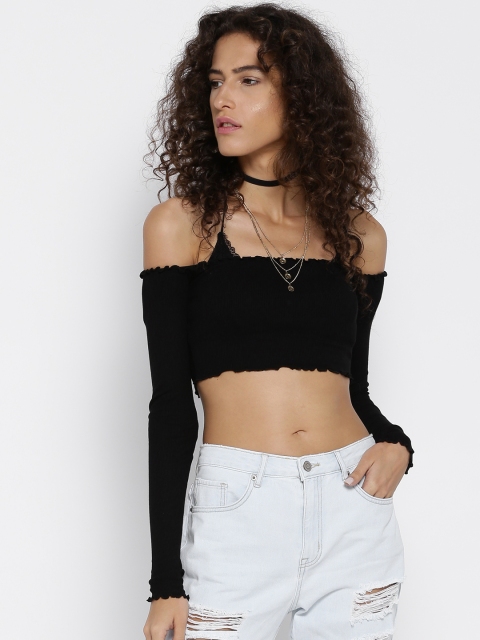 

FOREVER 21 Women Black Solid Bardot Crop Top