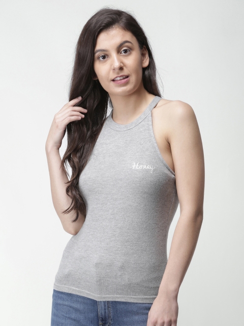 

FOREVER 21 Women Grey Solid Round Neck T-shirt