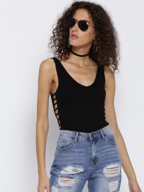 

FOREVER 21 Women Black Solid Fitted Top with Cut-Outs