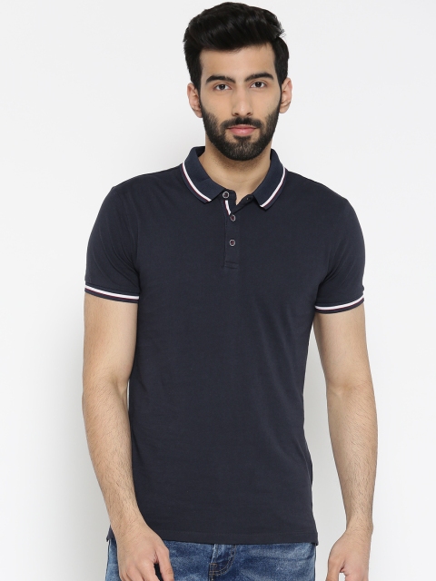 

FOREVER 21 Men Navy Blue Solid Polo Collar Pure Cotton T-shirt