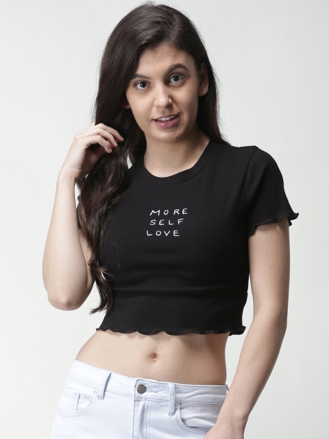 

FOREVER 21 Women Black Self Design Round Neck T-shirt