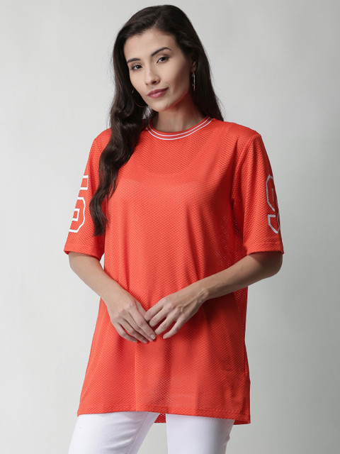 

FOREVER 21 Women Orange Self-Design Longline T-shirt