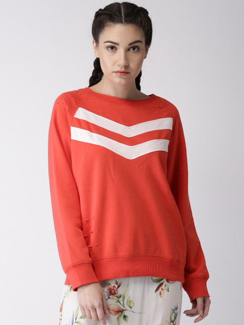 

FOREVER 21 Women Red Solid Distressed Sweatshirt