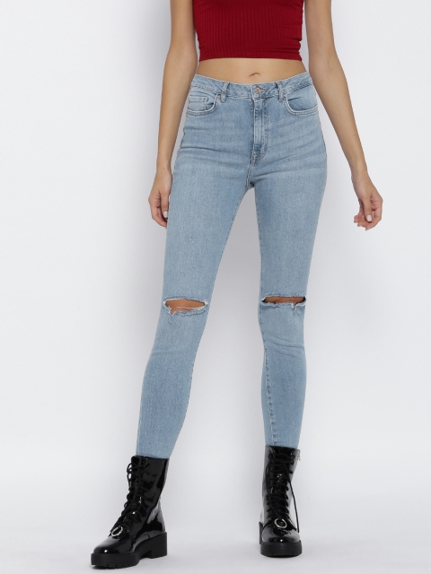 

FOREVER 21 Women Blue Mid-Rise Slash Knee Stretchable Jeans