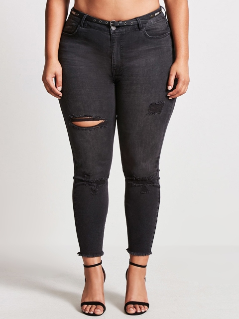 

FOREVER 21 Women Black Regular Fit Mid-Rise Mildly Distressed Stretchable Jeans