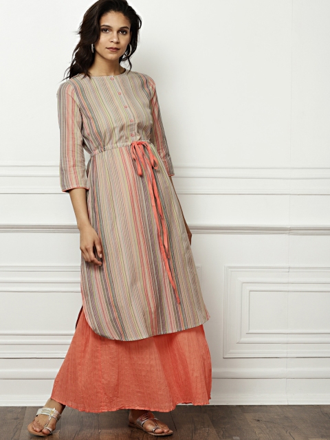 

all about you Women Beige & Coral Striped Kurta with Skirt