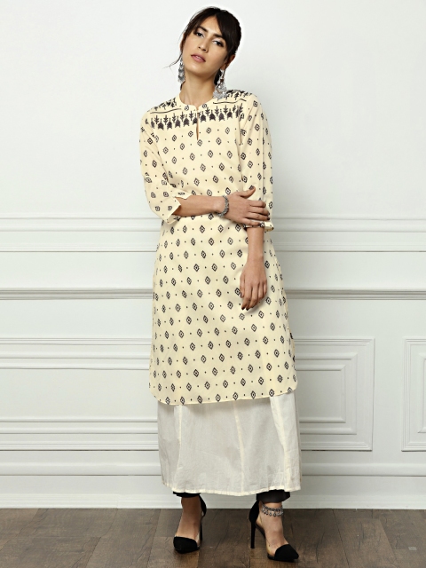 

all about you Women Off-White & Black Printed A-Line Kurta