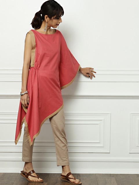 

all about you Women Pink Solid One-shoulder A-Line Asymmetric Kurta