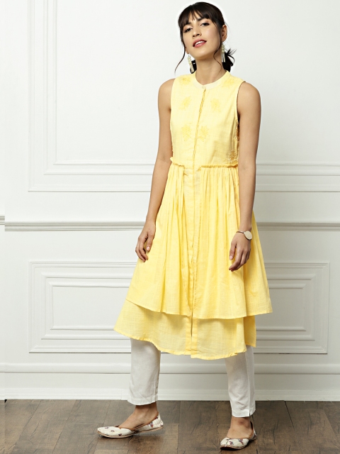 

all about you Women Yellow Embroidered A-Line Kurta