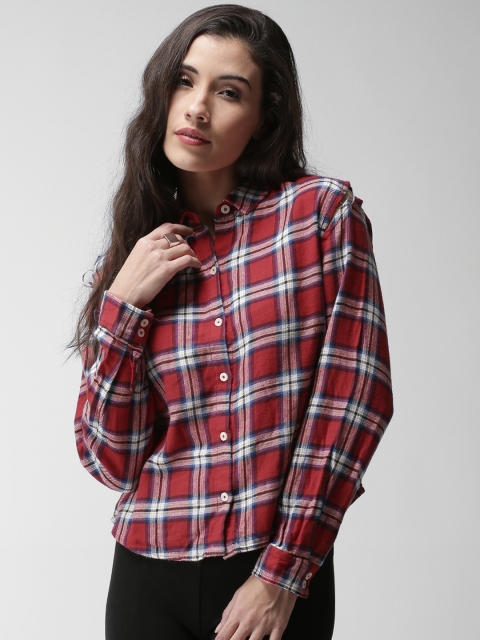 

FOREVER 21 Women Red & Blue Regular Fit Checked Casual Shirt