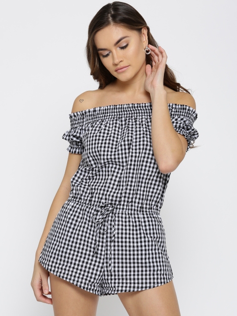 

FOREVER 21 Black & White Checked Off-Shoulder Playsuit
