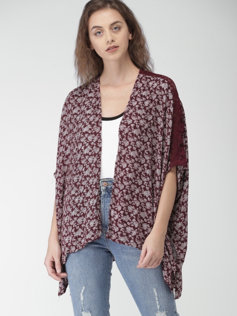 

FOREVER 21 Maroon & White Printed Open Front Shrug