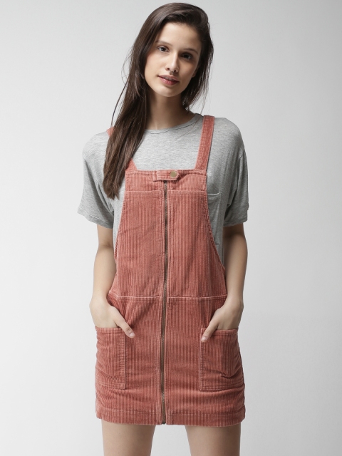 

FOREVER 21 Women Pink Solid Corduroy Pinafore Dress