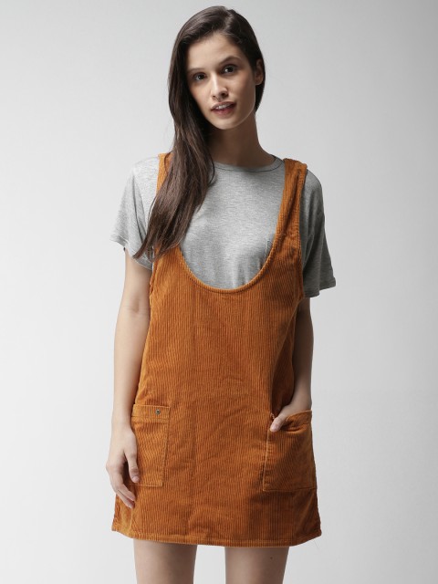 

FOREVER 21 Women Rust Brown Solid Pinafore Dress