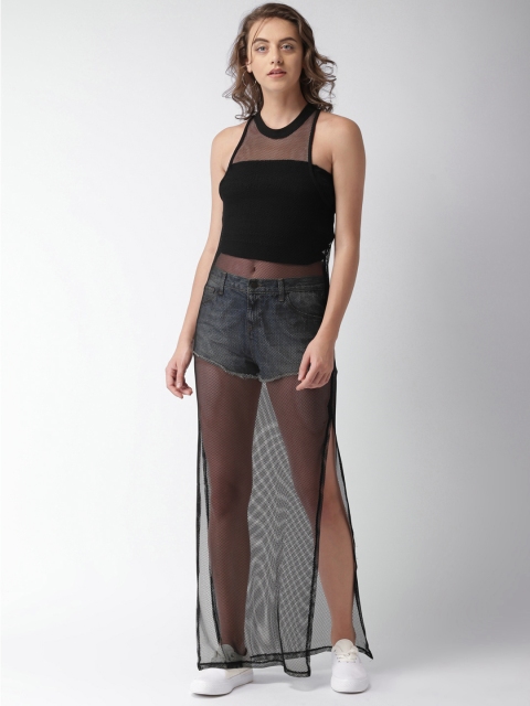 

FOREVER 21 Women Black Self Design Sheer Longline Top