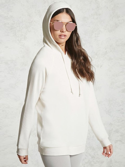 

FOREVER 21 Women Off-White Solid Hooded Sweatshirt