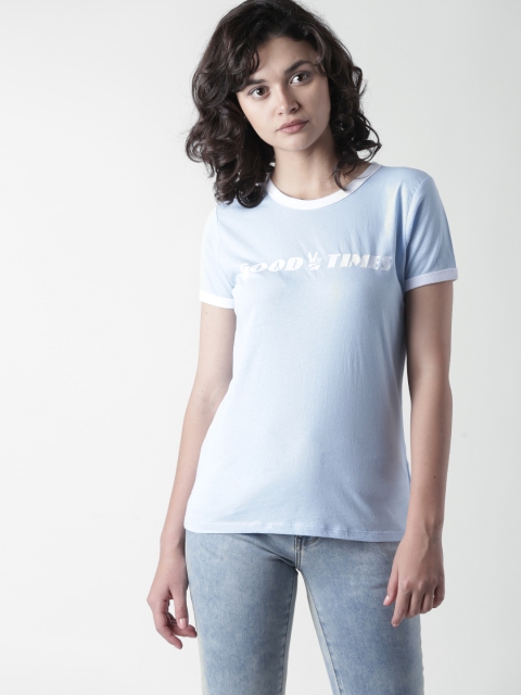 

FOREVER 21 Women Blue Printed Detail Round Neck T-shirt