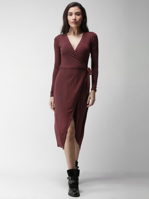 

FOREVER 21 Women Burgundy Solid Wrap Dress