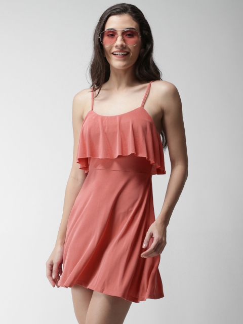 

FOREVER 21 Women Coral Pink Solid A-Line Dress