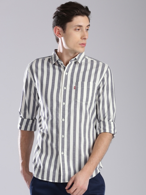 

Levis Men White & Grey Regular Fit Striped Casual Shirt