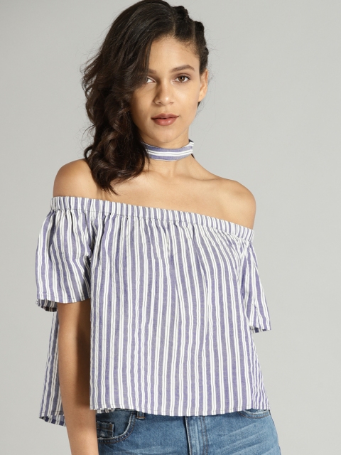 

Roadster Women White & Blue Striped Bardot Pure Cotton Top