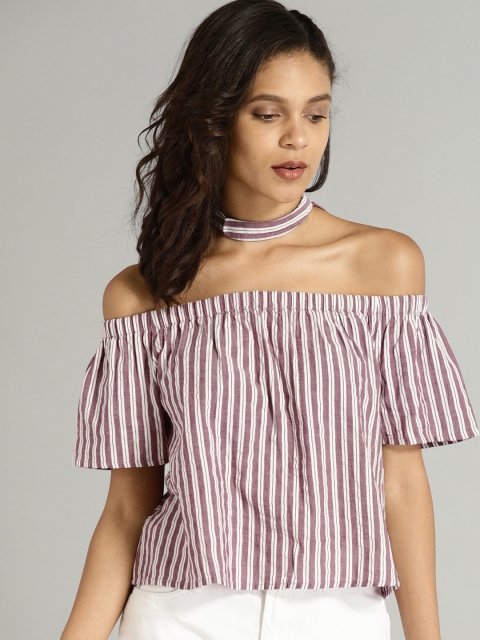 

Roadster Time Travlr Women Maroon & Off-White Striped Bardot Pure Cotton Top