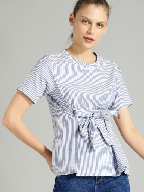 

Roadster Women Blue & White Striped Pure Cotton Top