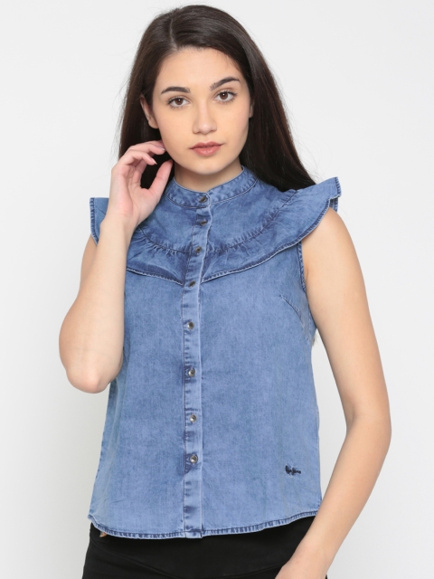 

Pepe Jeans Women Blue Solid Shirt Style Pure Cotton Top