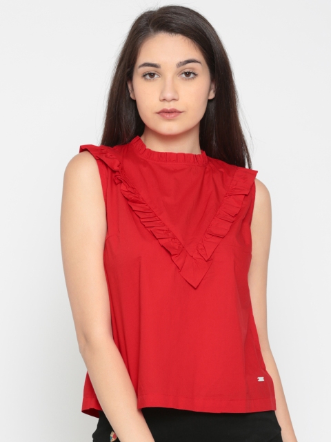 

Pepe Jeans Women Red Solid Regular Pure Cotton Top