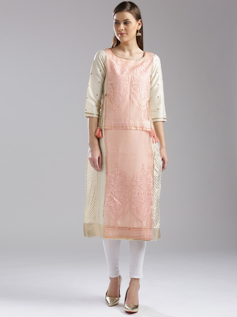 

W Women Cream-Coloured & Peach-Coloured Printed Straight Kurta