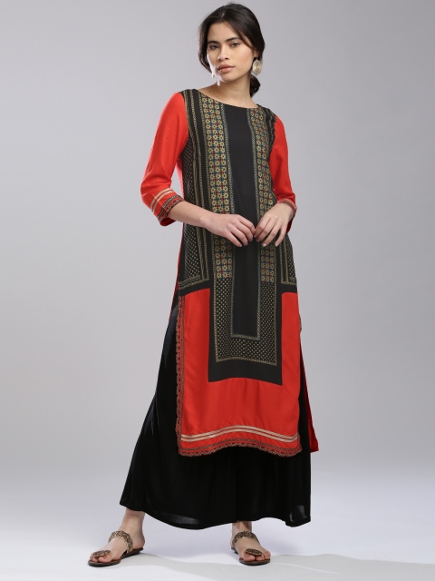 

W Women Black & Orange Printed Straight Kurta