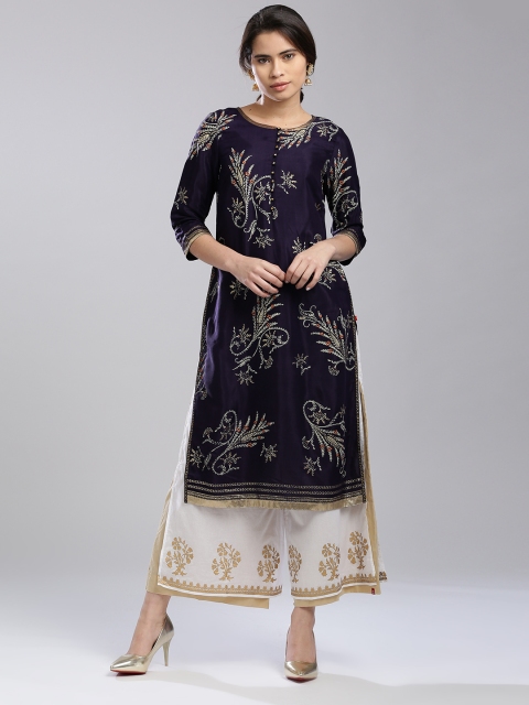 

W Women Purple Printed Straight Kurta