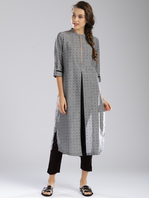 

W Women Grey & Black Printed Straight Kurta