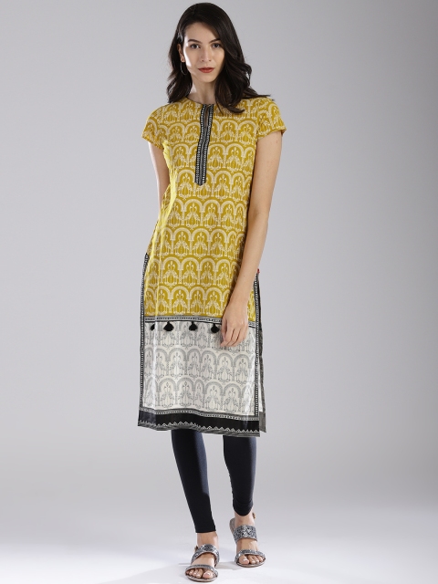 

W Women Mustard Yellow & Off-White Printed Straight Kurta