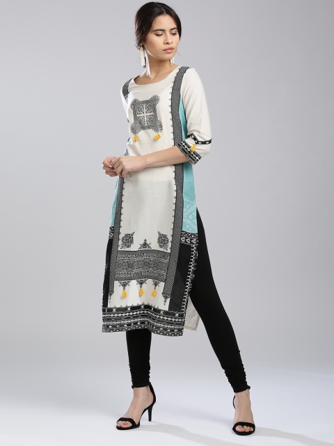 

W Women Off-White & Black Printed Straight Kurta