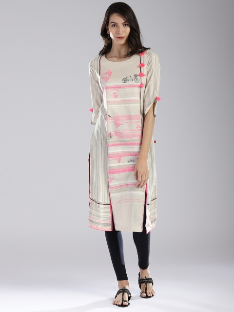 

W Women Off-White & Pink Printed Straight Kurta