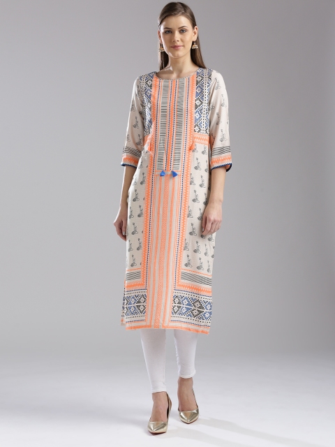 

W Women Beige & Orange Printed Straight Kurta